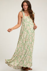 Light Olive Leaf Printed Square Neckline Tie Strap Tiered Maternity Maxi Dress