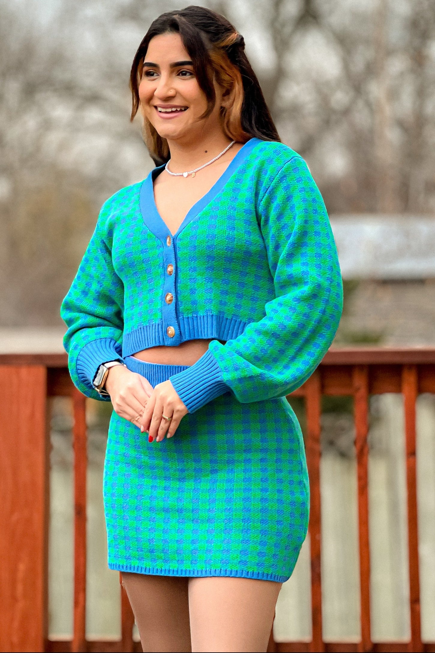 Green Blue Knit Top And Skirts Set