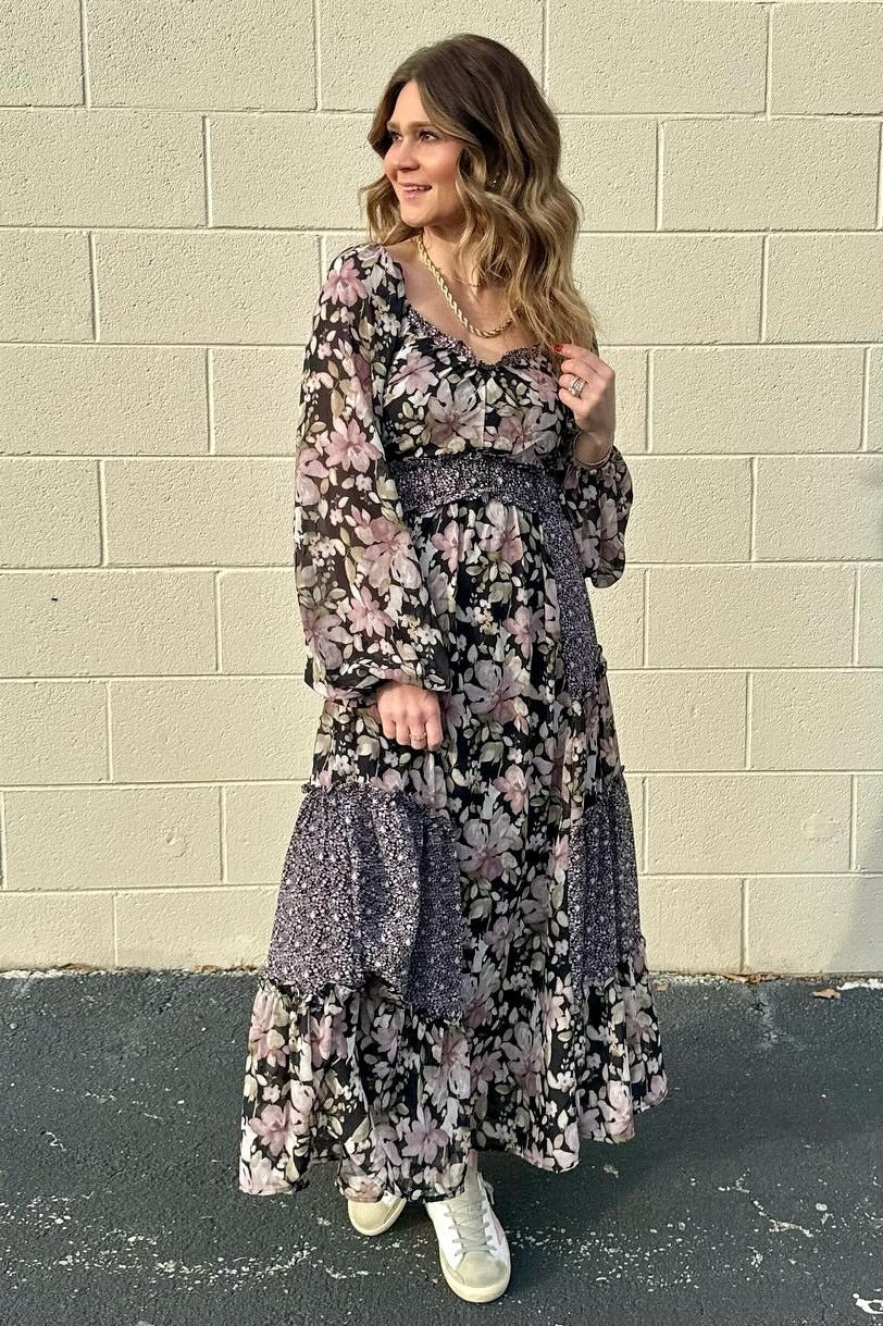 Black Floral Mixed Patchwork Print Ruffle Trim Midi Dress