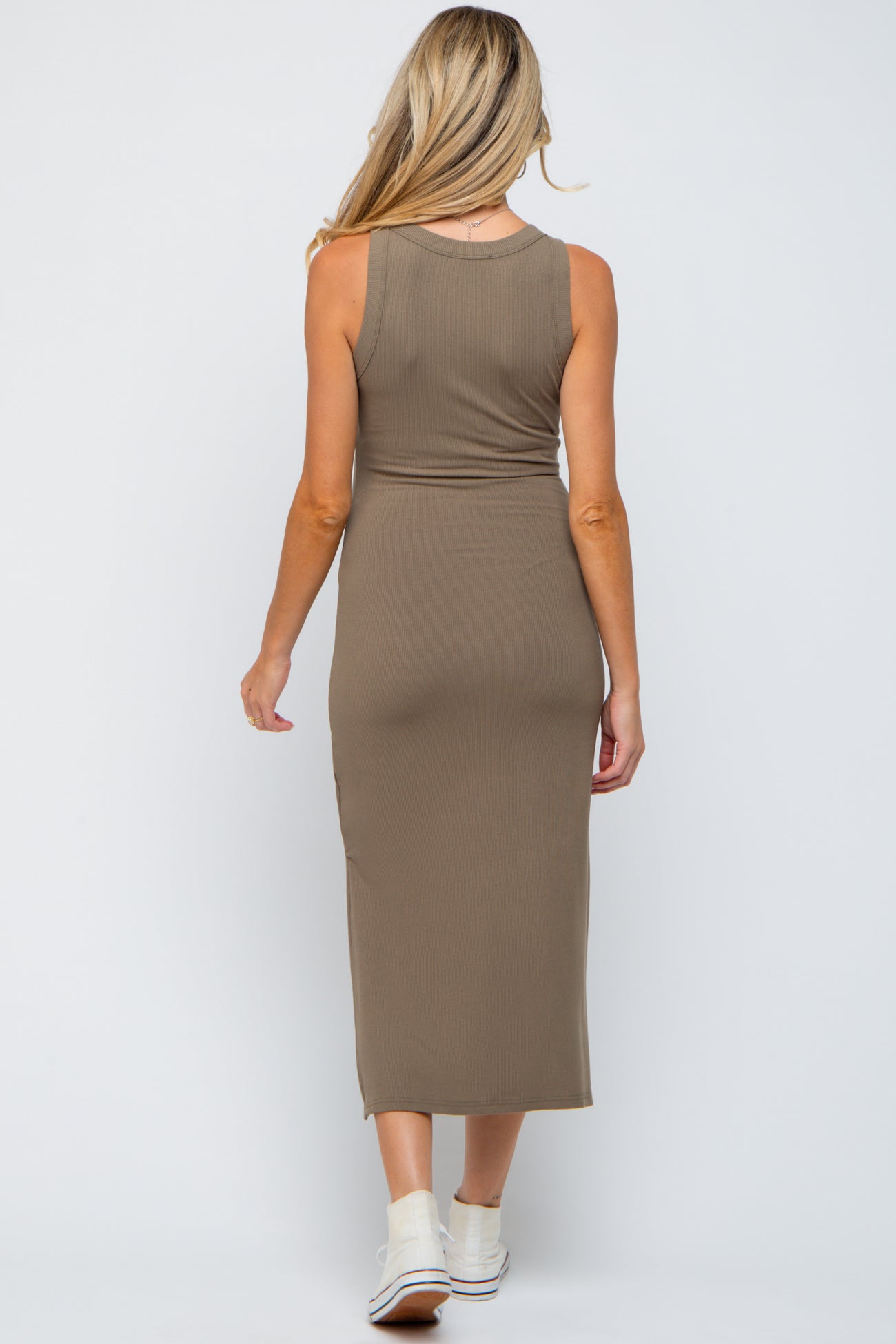 woman wearing a fitted olive green maternity midi dress showing a smooth back view