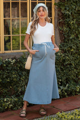 Light Blue Denim Front Tie Maternity Maxi Skirt