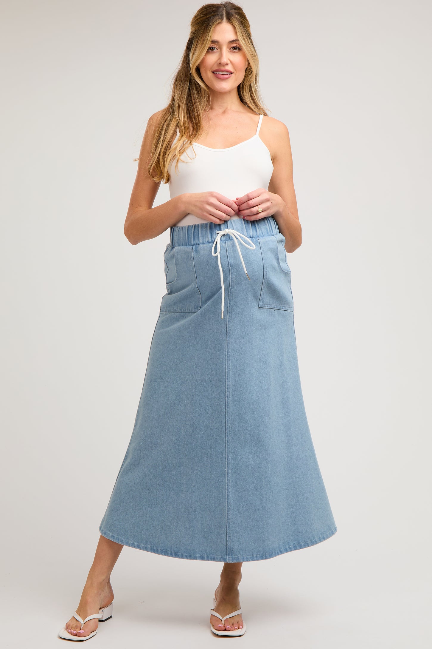 Light Blue Denim Front Tie Maternity Maxi Skirt