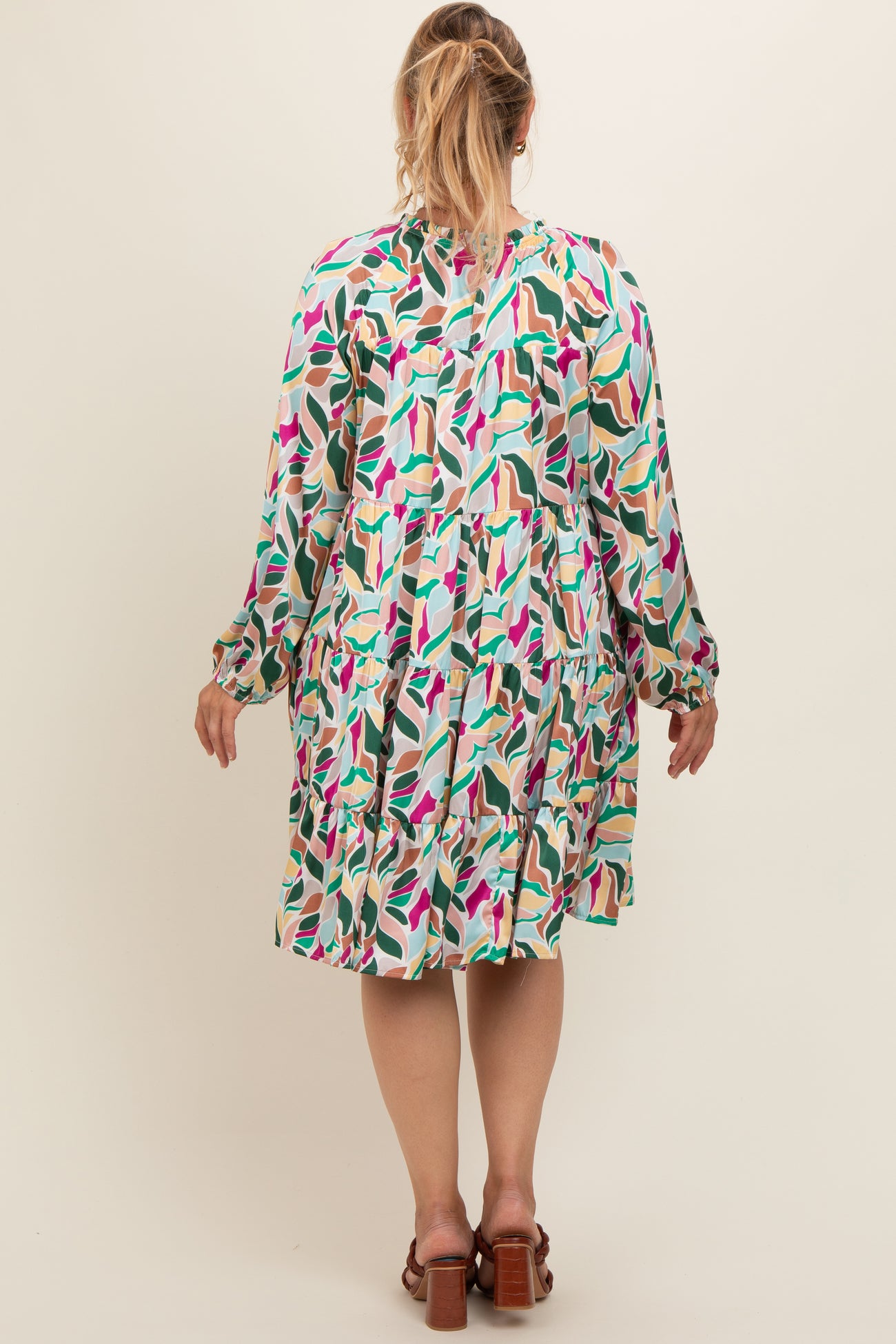 Magenta Print Satin Tiered Maternity Plus Dress