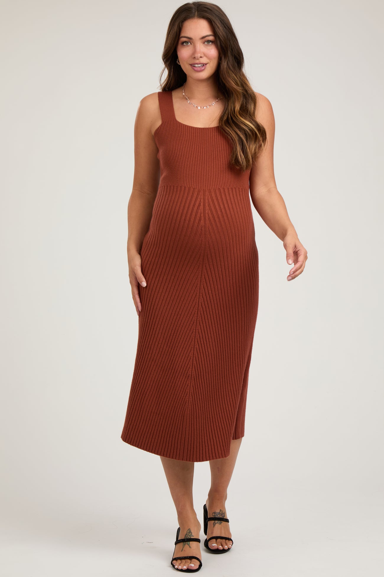 Rust Sweater Knit A-Line Maternity Midi Dress