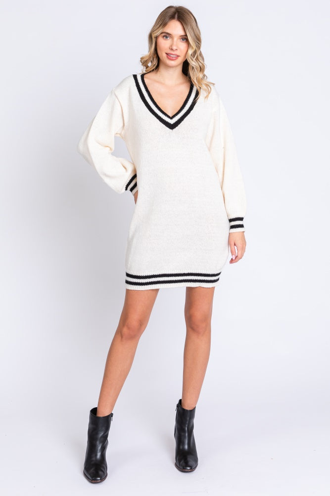 Ivory Oversized Varsity Striped V-Neck Maternity Sweater Dress