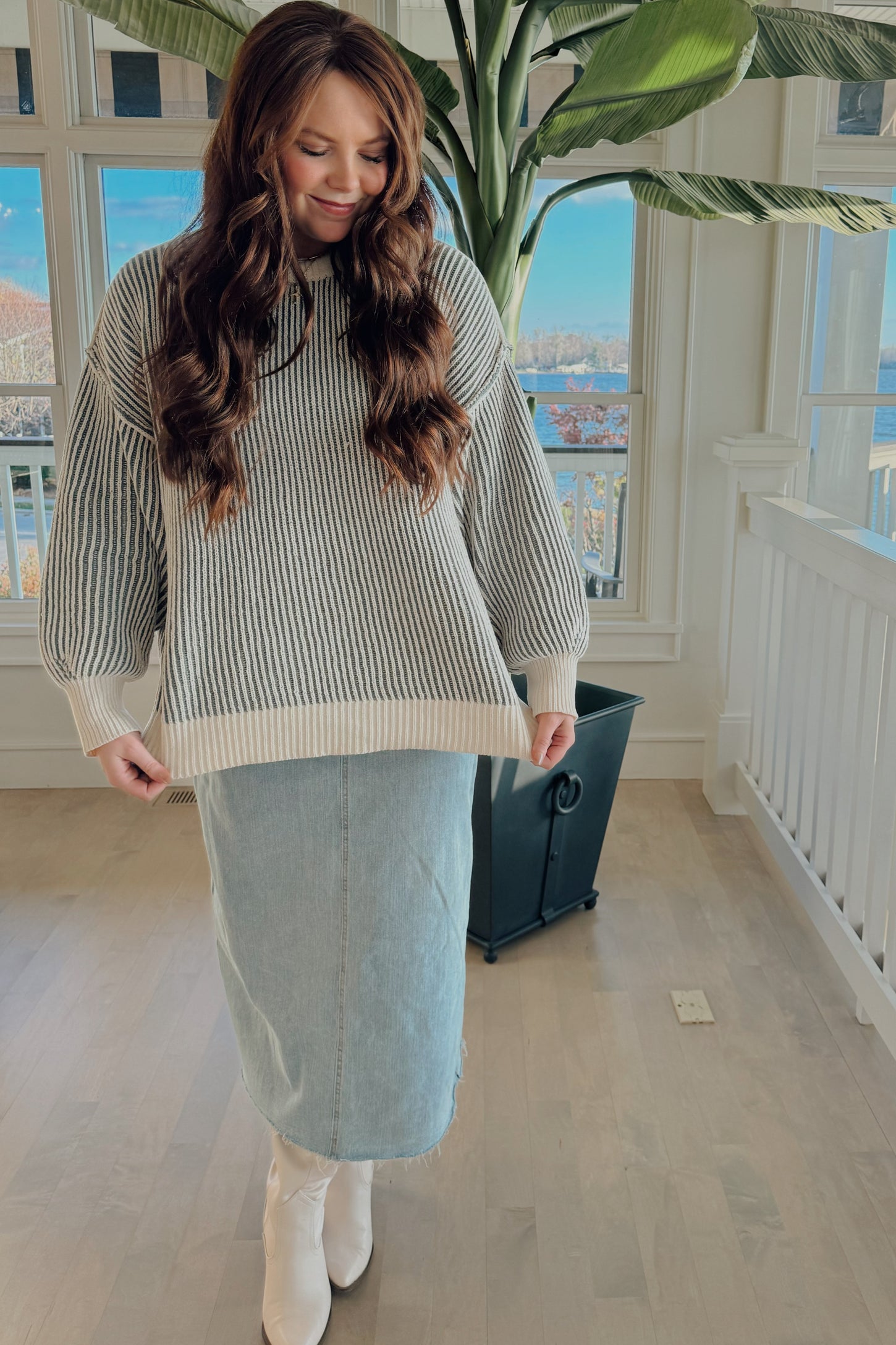 Olive Ribbed Balloon Sleeve Sweater