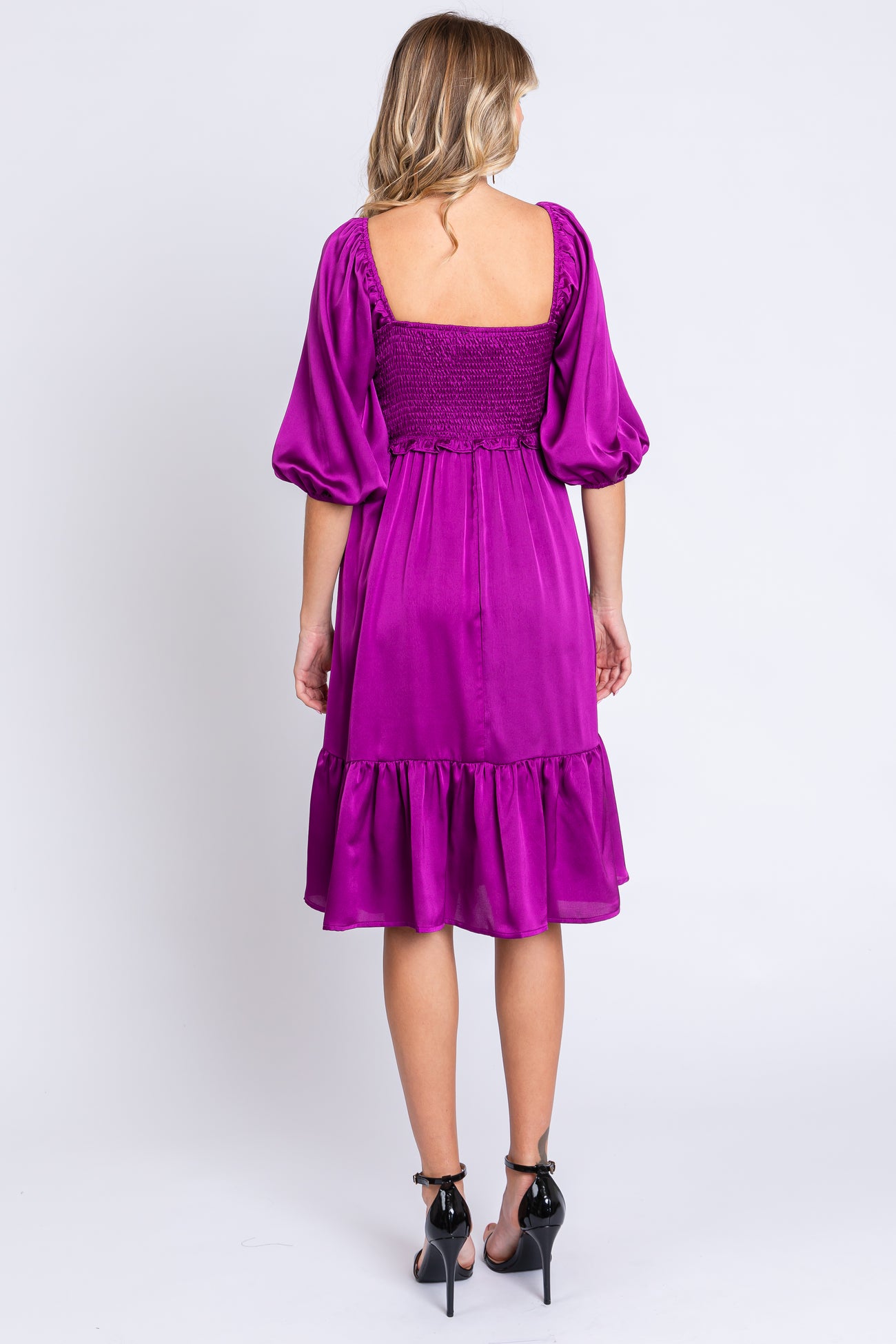 Plum Satin Smocked Ruffle Hem Dress