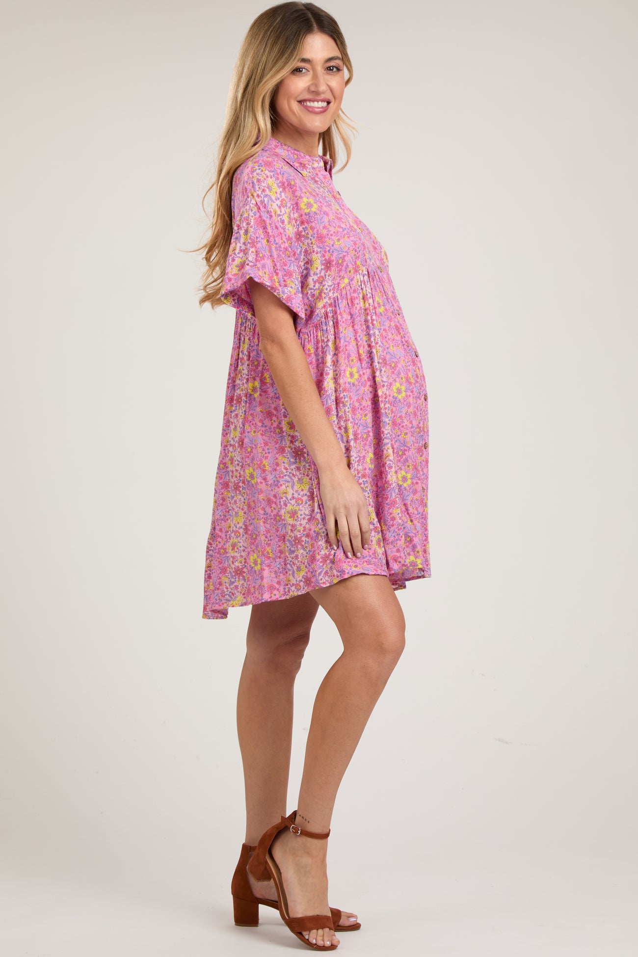 Pink Floral Button Down Maternity Dress