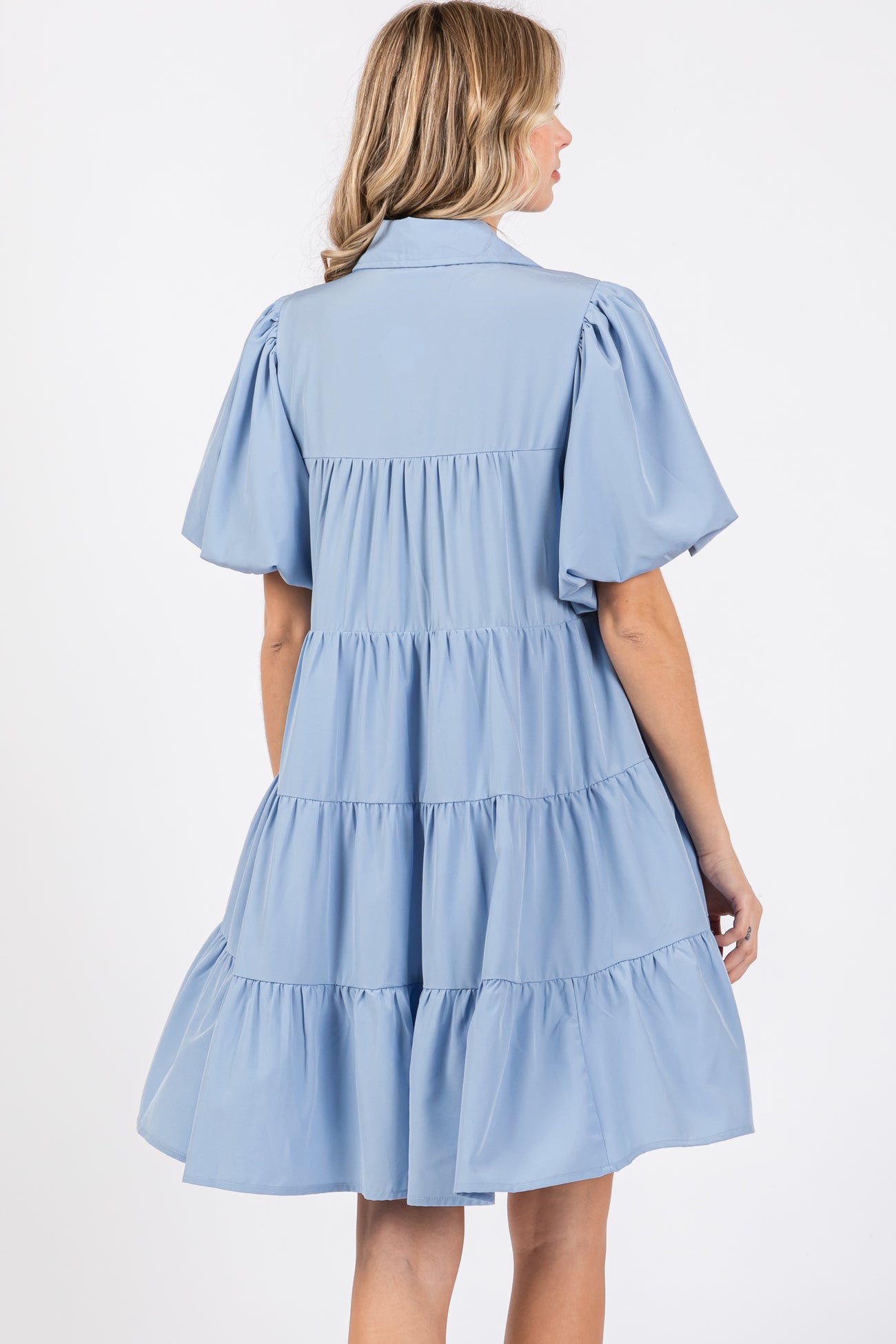 Light Blue Puff Sleeve Mini Shirt Dress