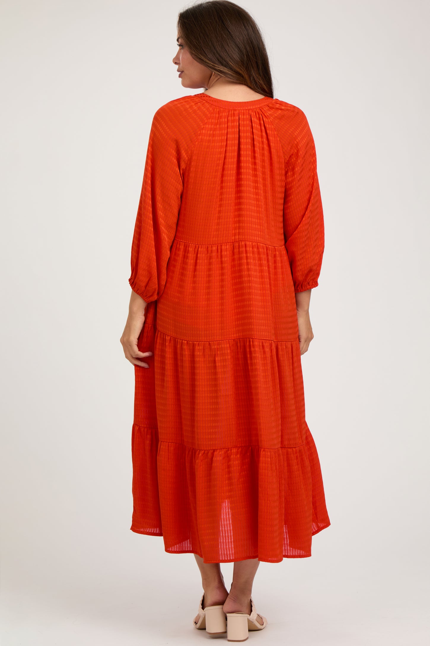 Orange Textured Tiered Maternity Midi Dress