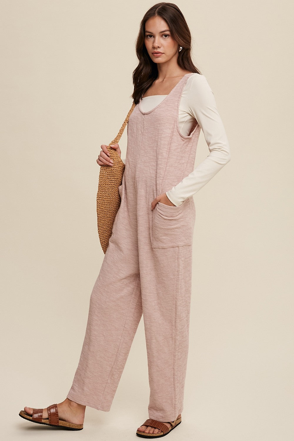 Light Pink Scoop Neck Sleeveless Maternity Jumpsuit
