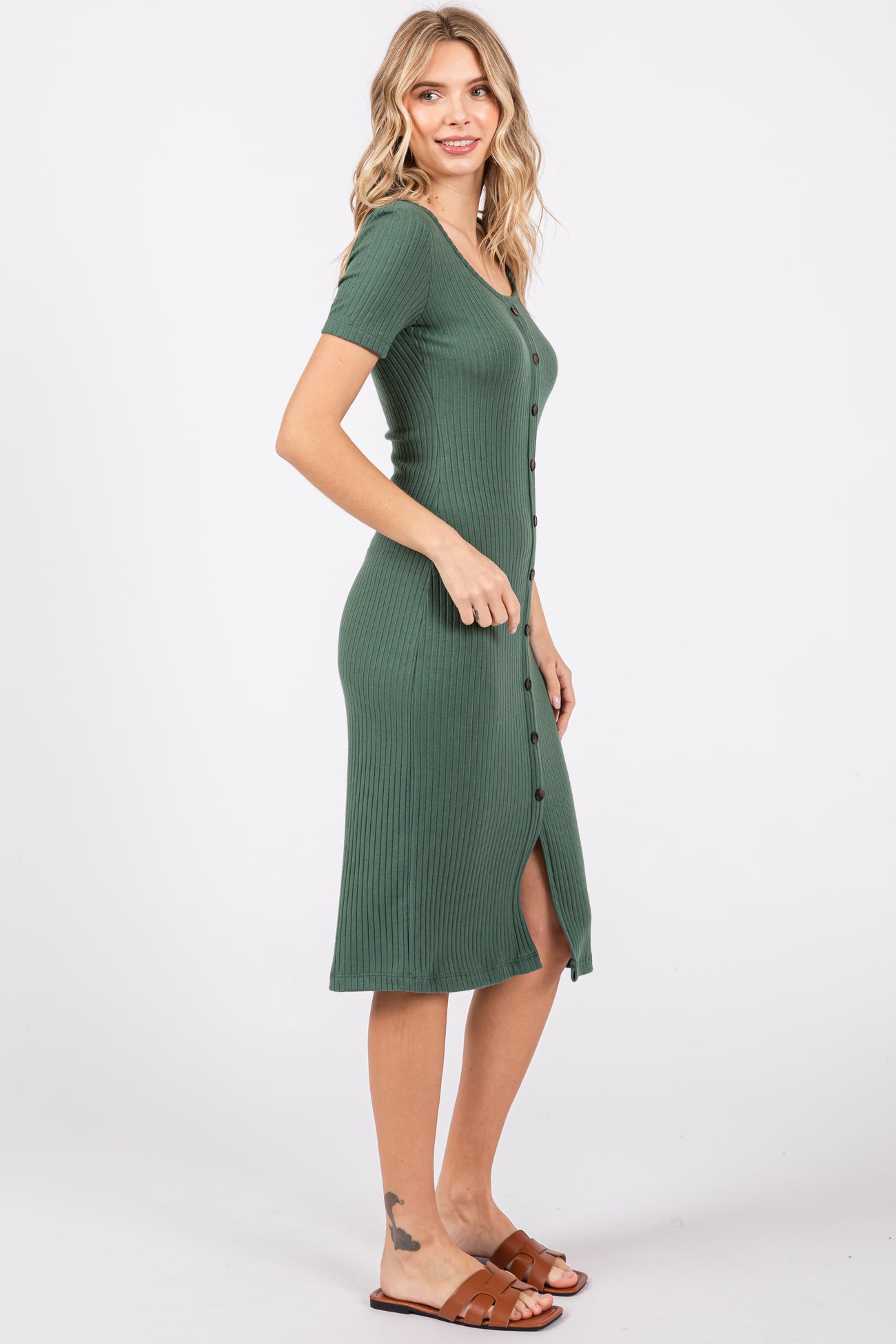 Light Olive Ribbed Front Button Accent Short Sleeve Midi Dress