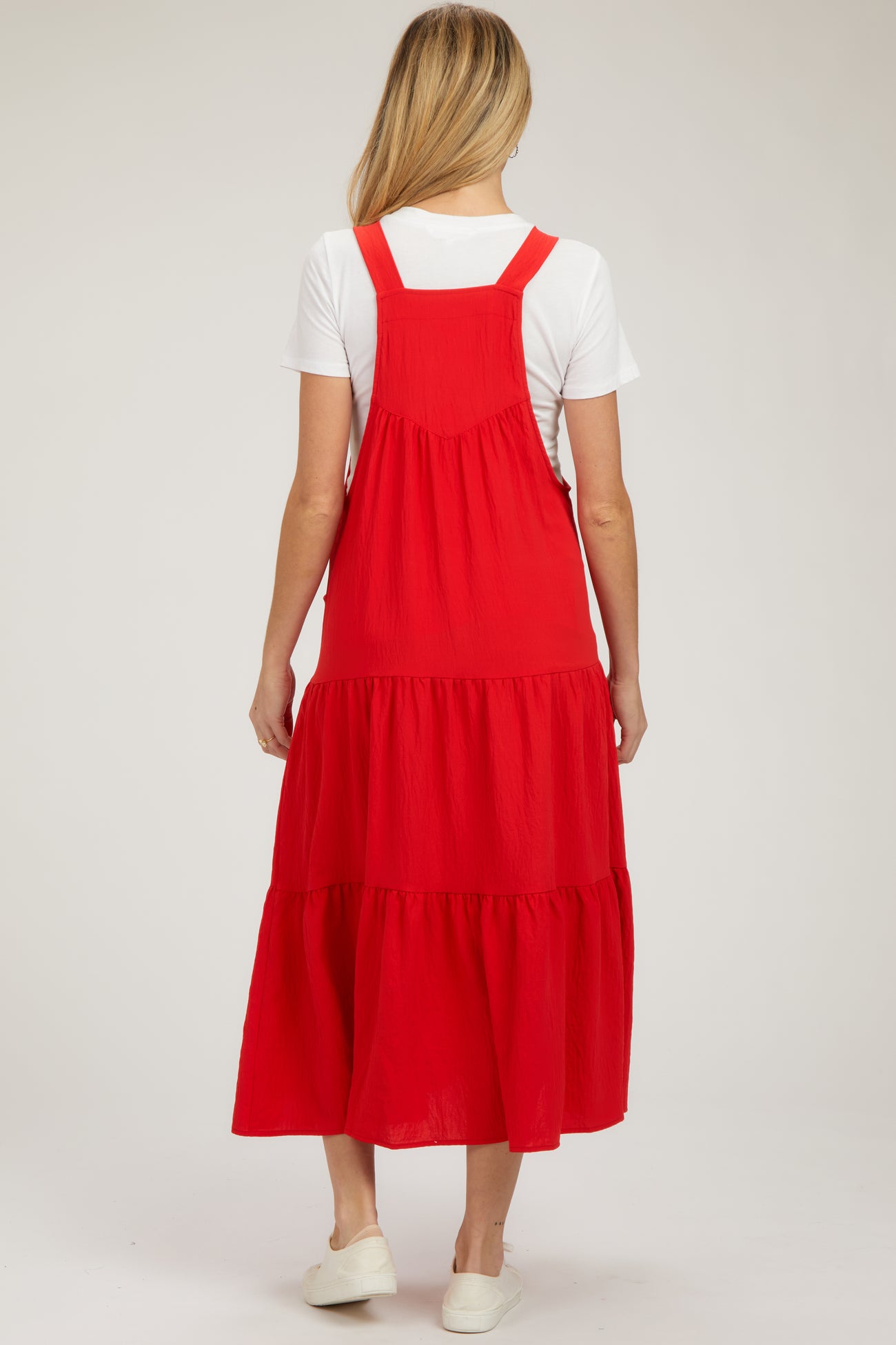 Red Button Sling Tiered Maternity Midi Dress
