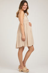Beige Sleeveless Deep V-Neck Maternity Dress