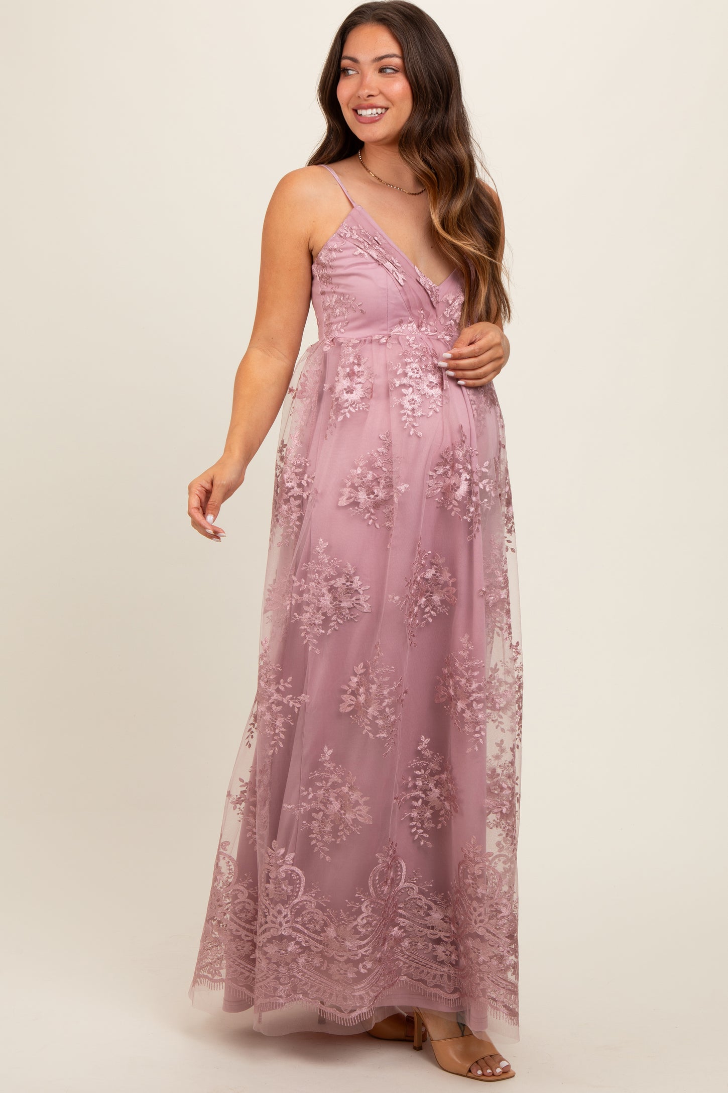 Mauve Floral Lace Overlay Maternity Maxi Dress