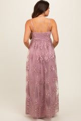 Mauve Floral Lace Overlay Maternity Maxi Dress