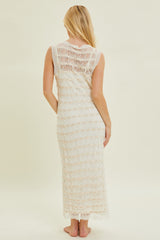 Beige Crochet Knit Sleeveless Midi Dress