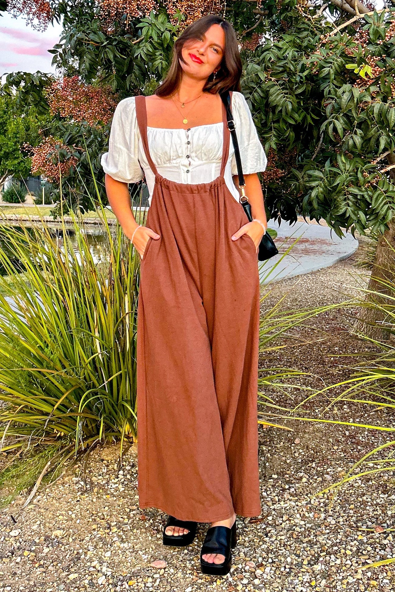 Mocha Ribbed Drawstring Wide Leg Jumpsuit
