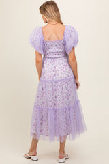 Lavender Floral Lined Smocked Tulle Maternity Midi Dress