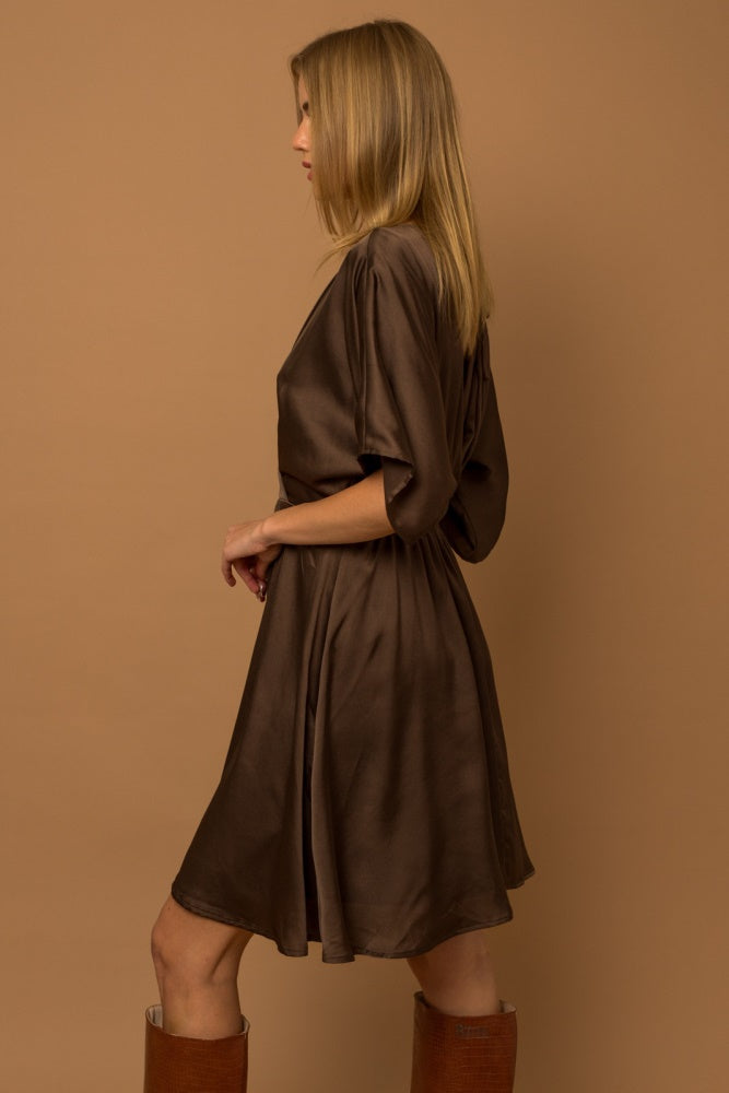 Brown Flowy Sleeve Surplice Back Tie Pleated Dress