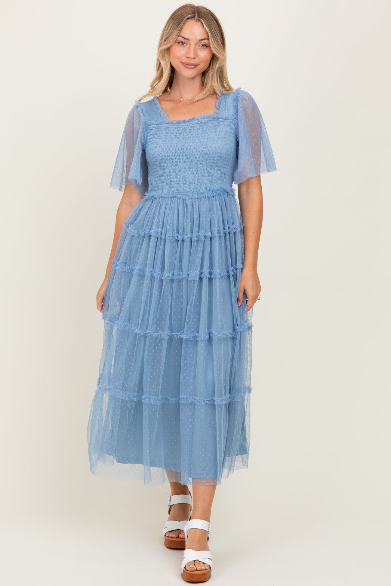 Blue Ruffled Mesh Maternity Maxi Dress
