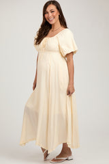 Cream Front Tie Puff Sleeve Maternity Maxi Dress