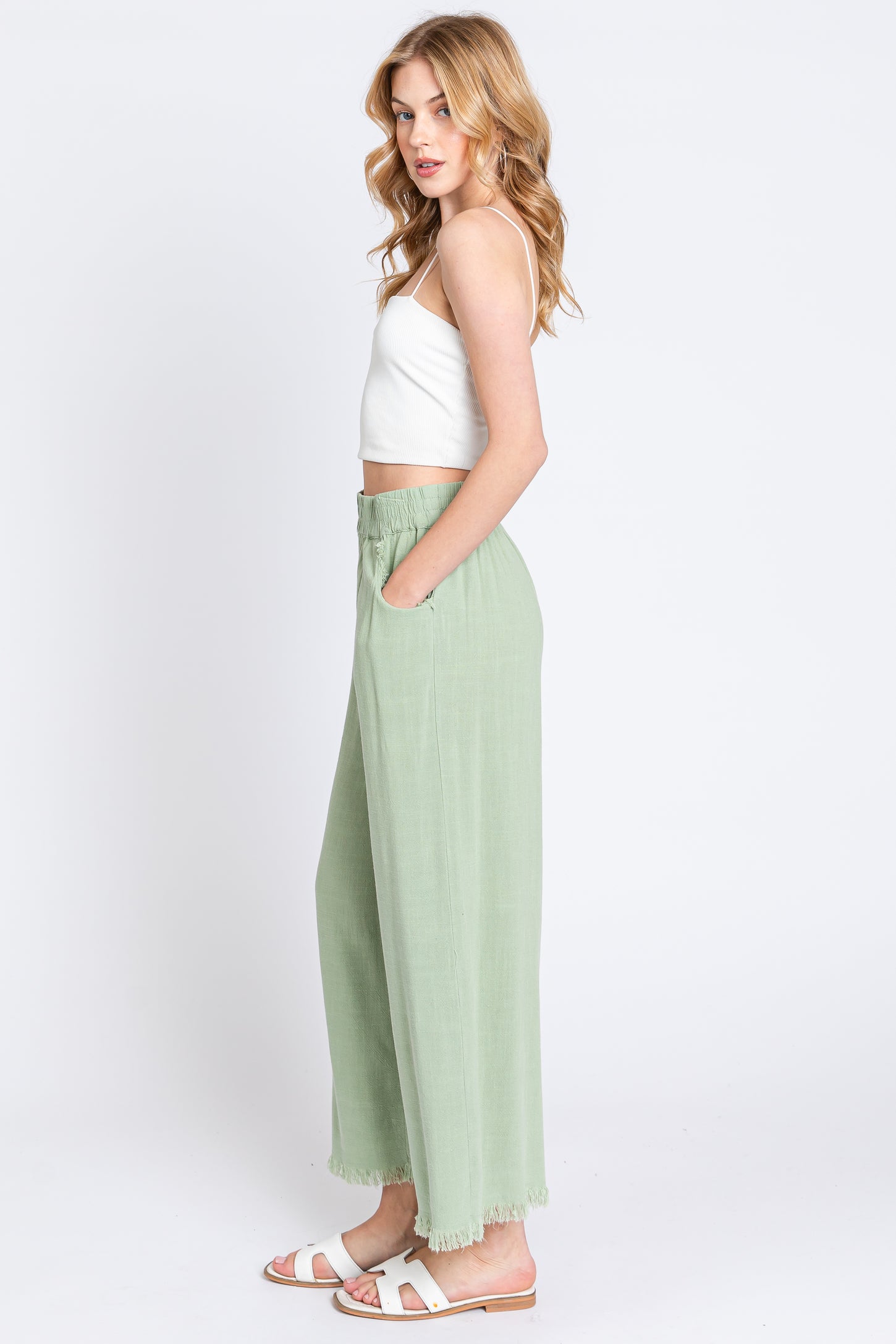 Sage Linen Frayed Hem Crop Pants