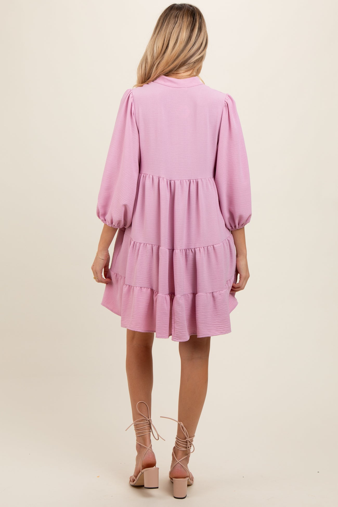 Pink Pleated Front Tie Tiered Maternity Dress
