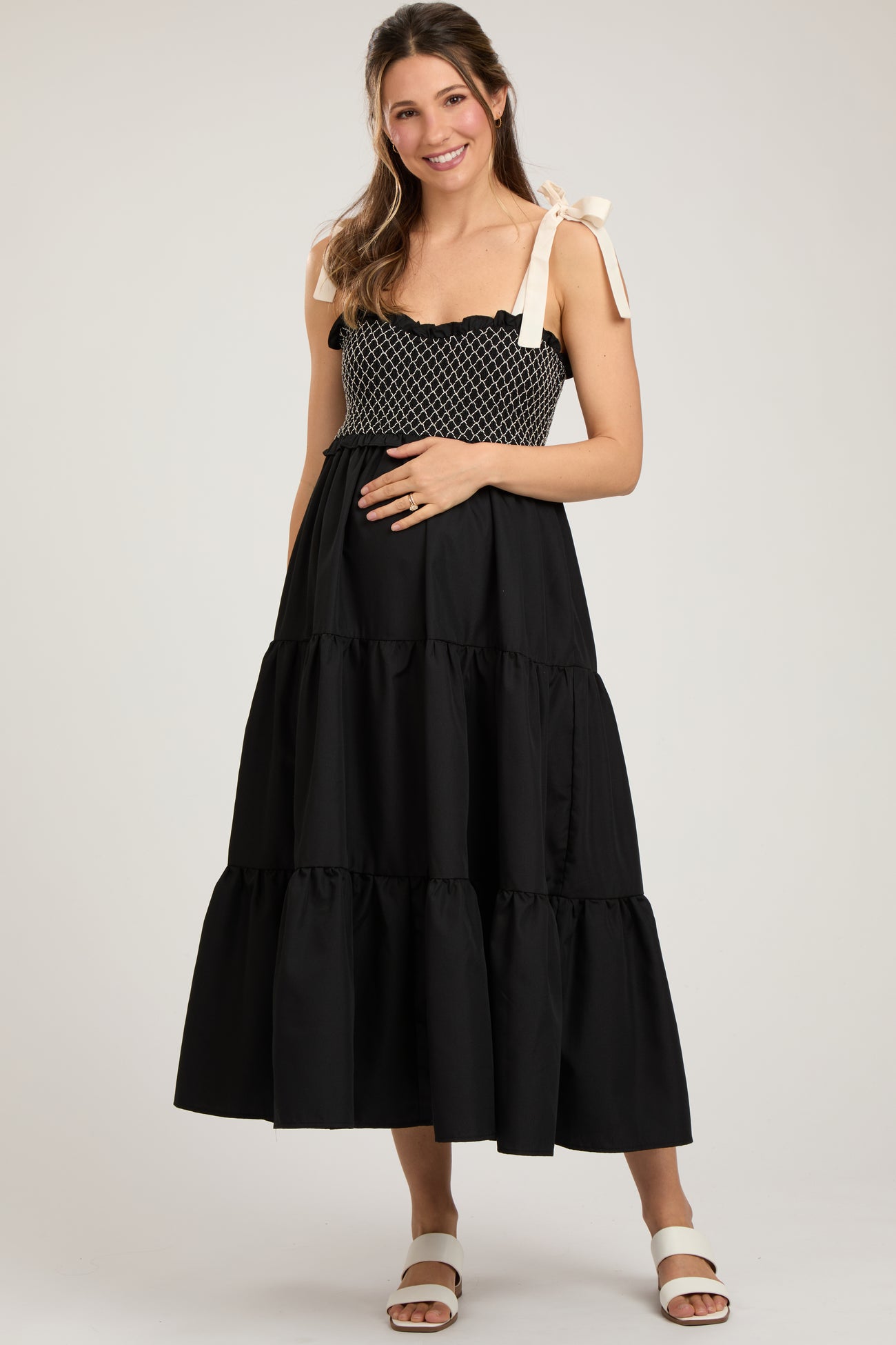 Black Sleeveless Tiered Colorblock Strap Maternity Maxi Dress