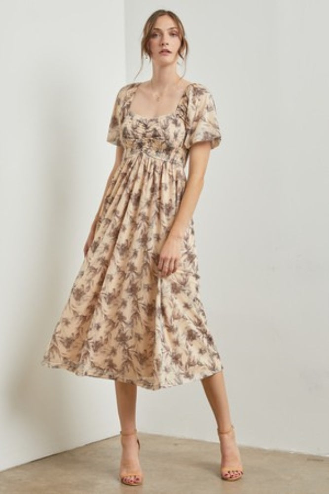 Cream Floral Smocked Short Puff Sleeve  Midi Dress