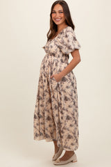 Cream Floral Smocked Short Puff Sleeve Maternity Midi Dress