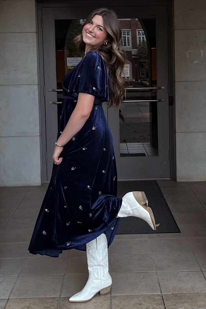 Midnight All Over Floral Embroidered Velvet Maxi Dress
