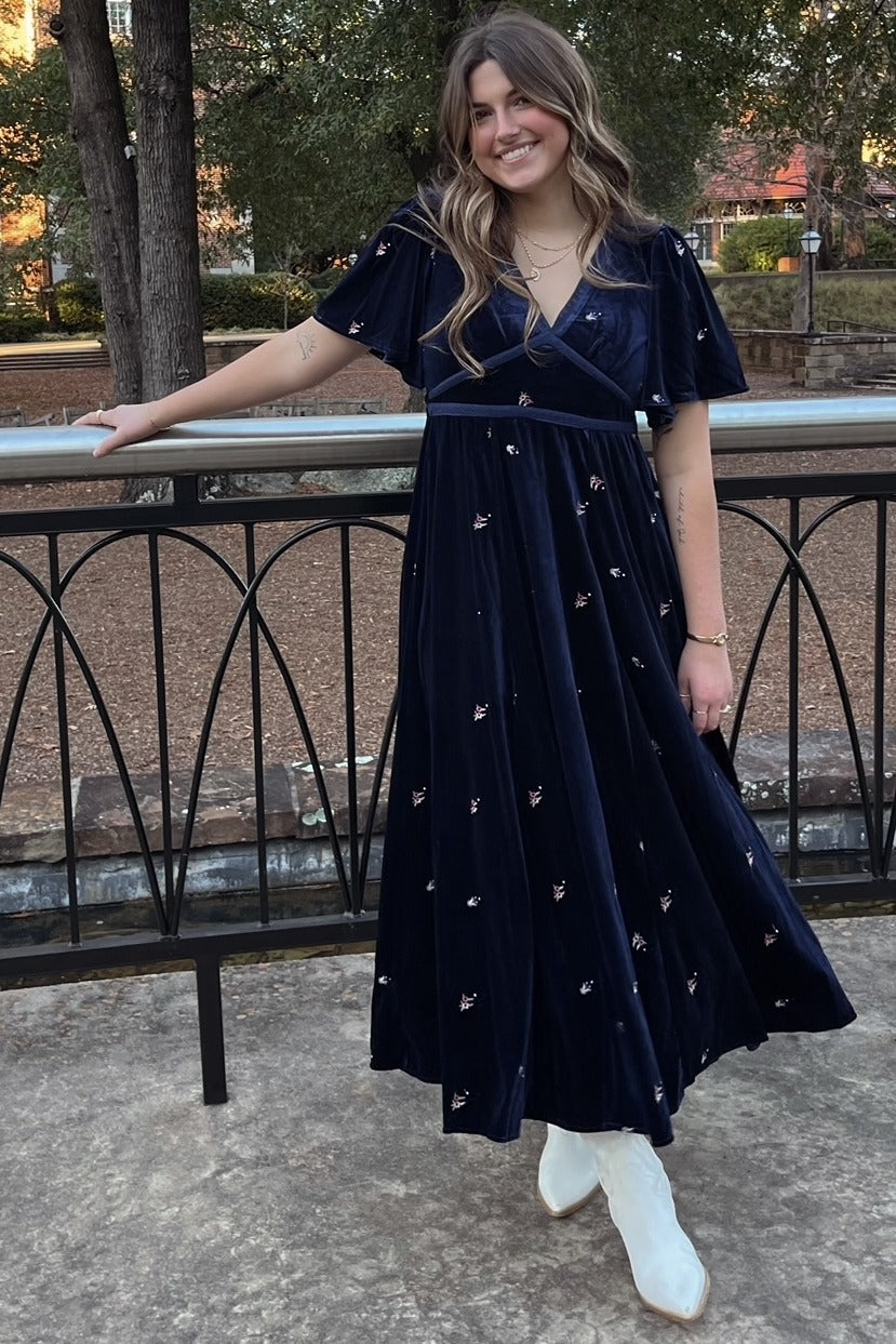 Midnight All Over Floral Embroidered Velvet Maxi Dress