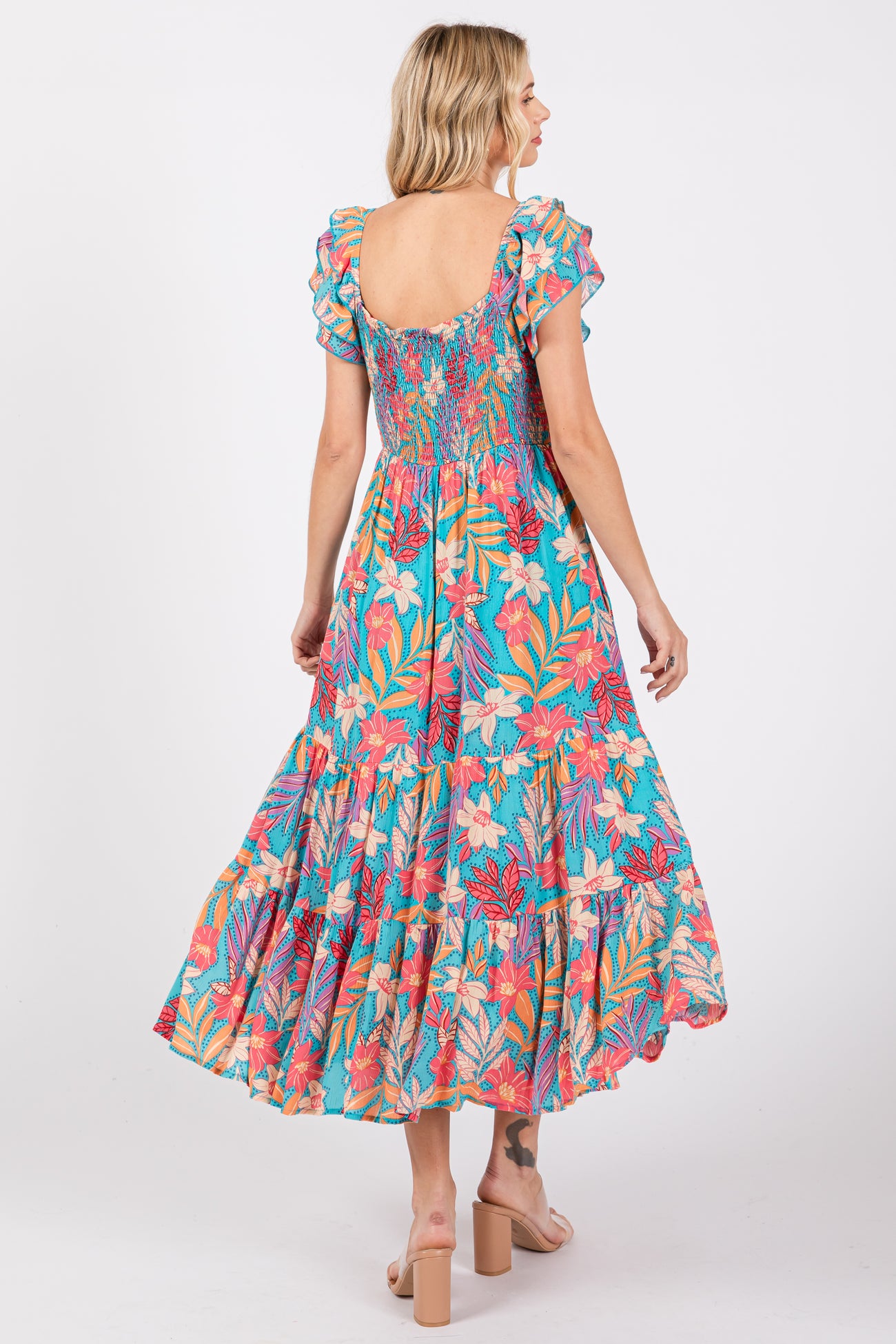 Turquoise Floral Ruffle Sleeve Midi Dress