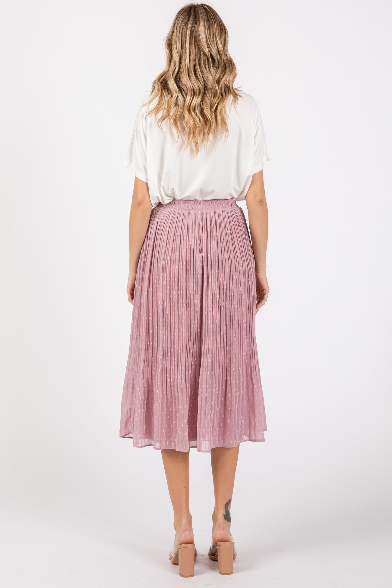 Mauve Swiss Dot Pleated Midi Skirt