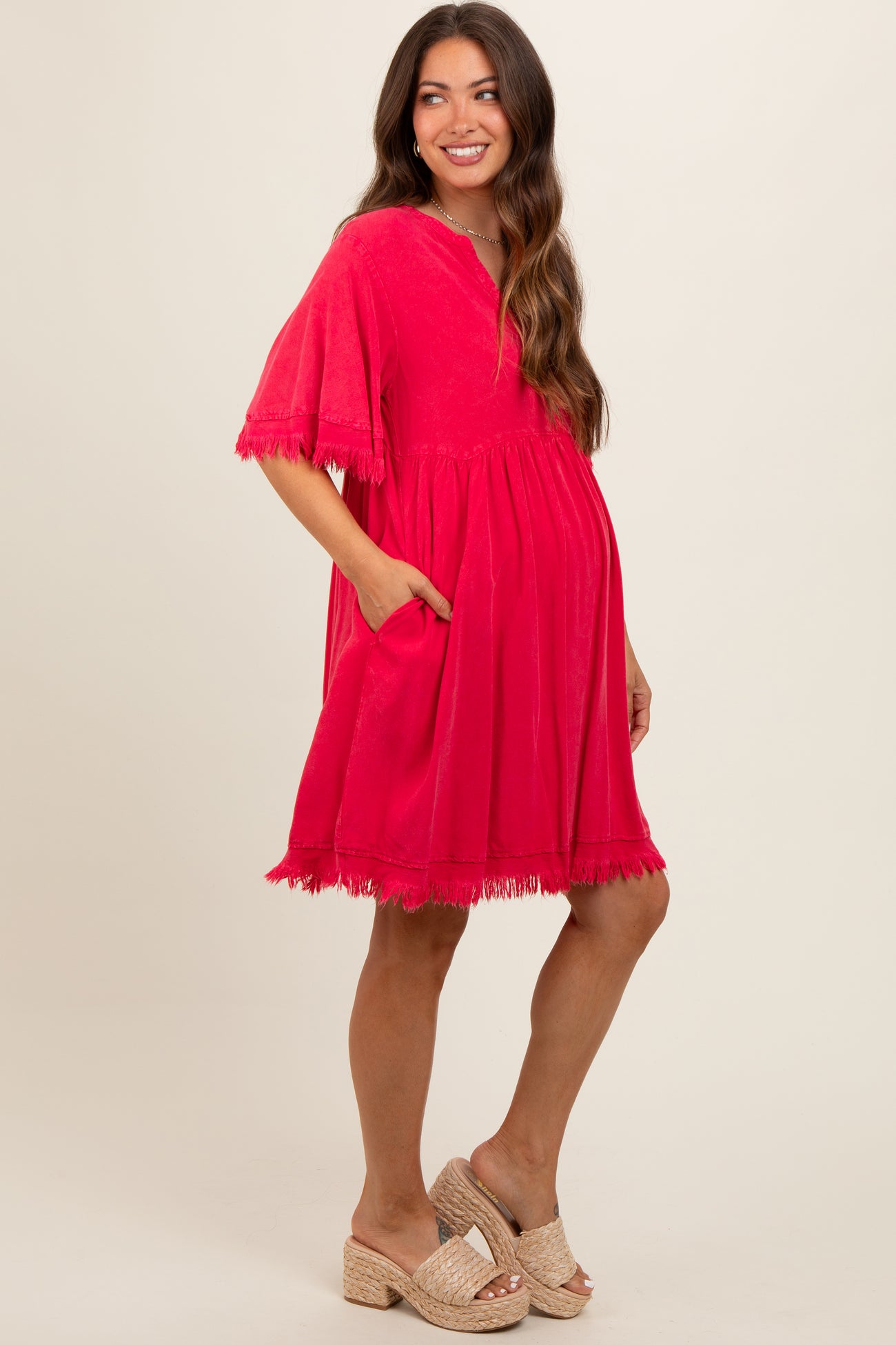Red Button Front Frayed Maternity Dress