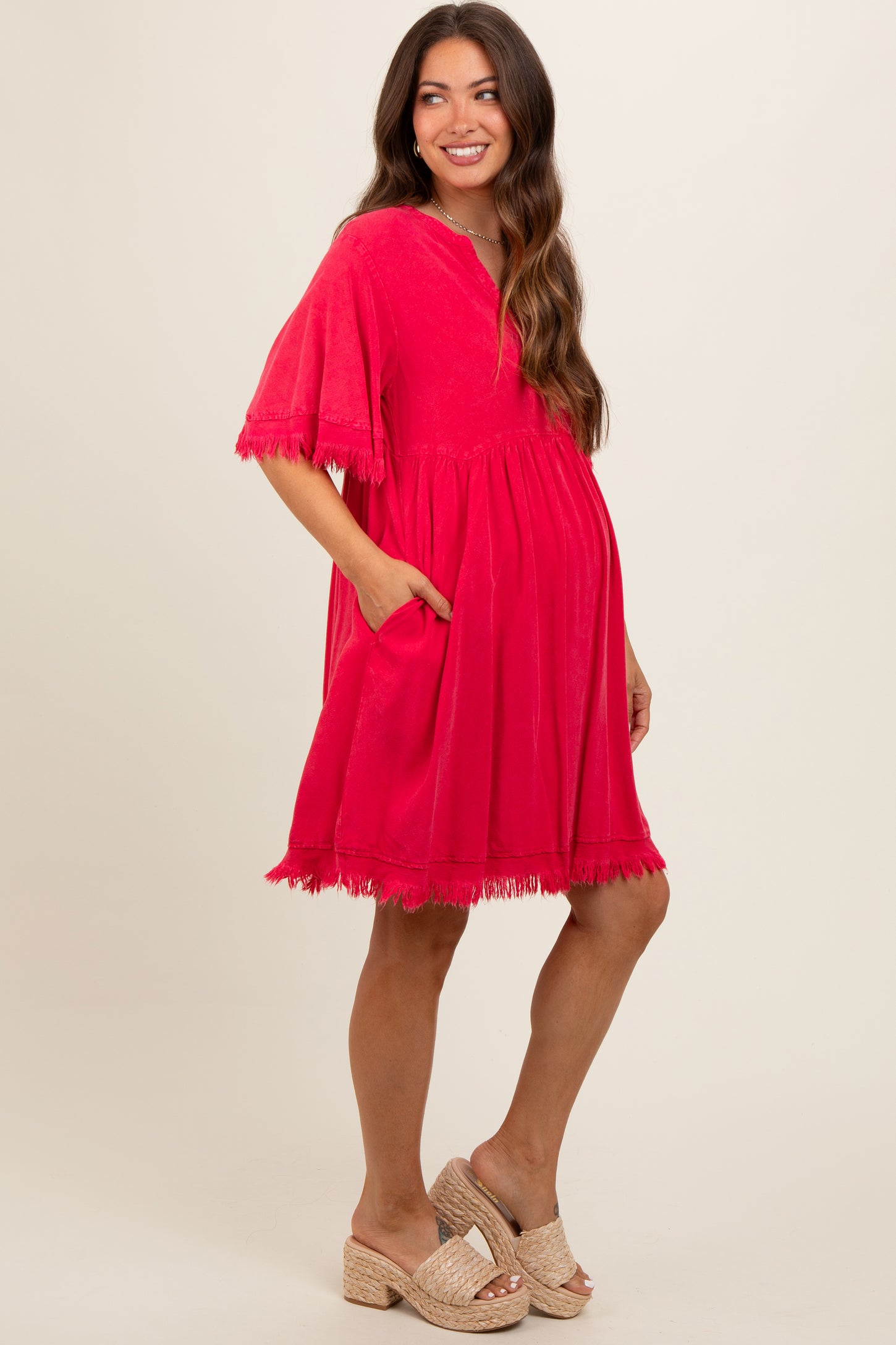 Red Button Front Frayed Maternity Dress