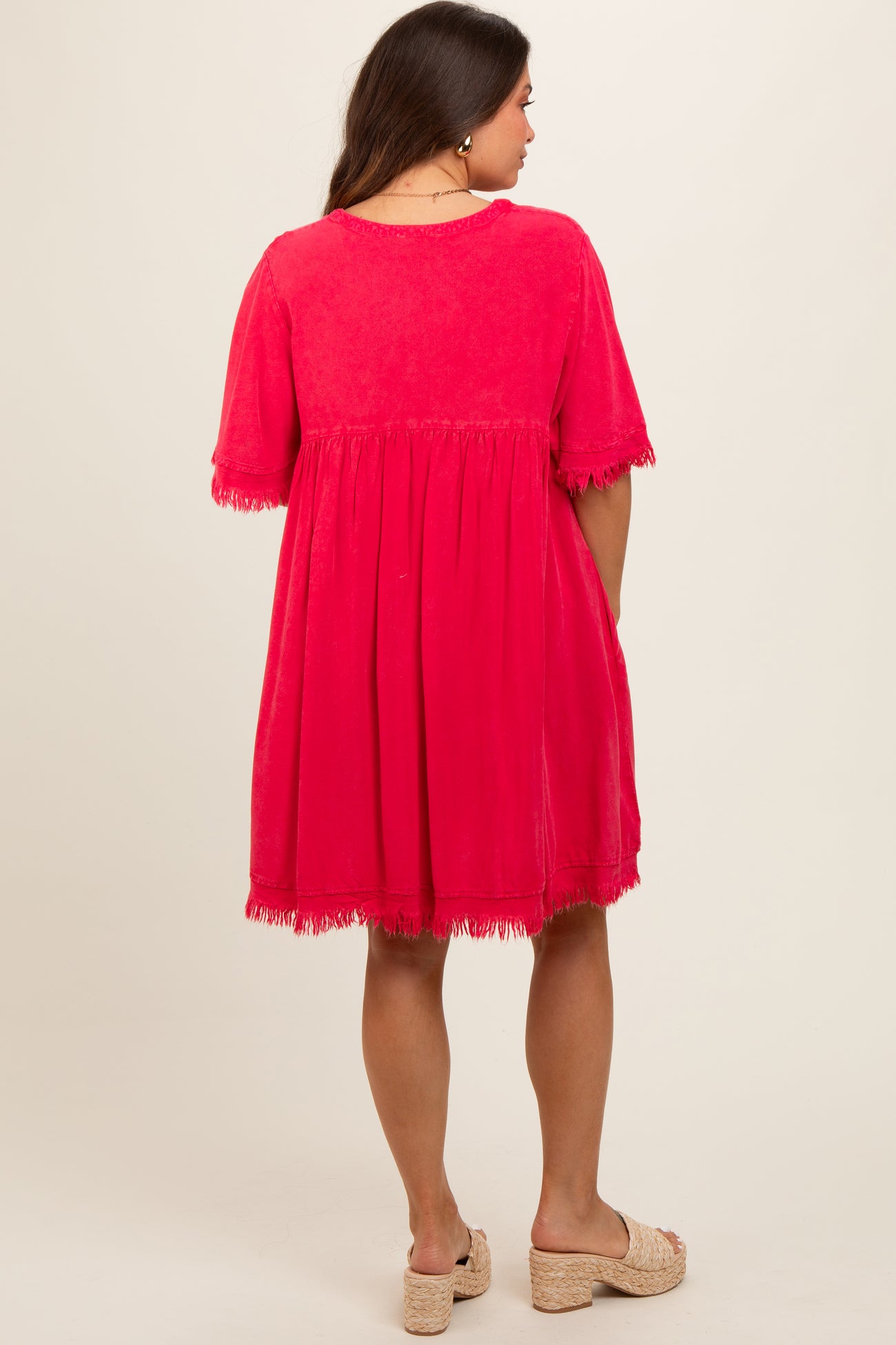 Red Button Front Frayed Maternity Dress