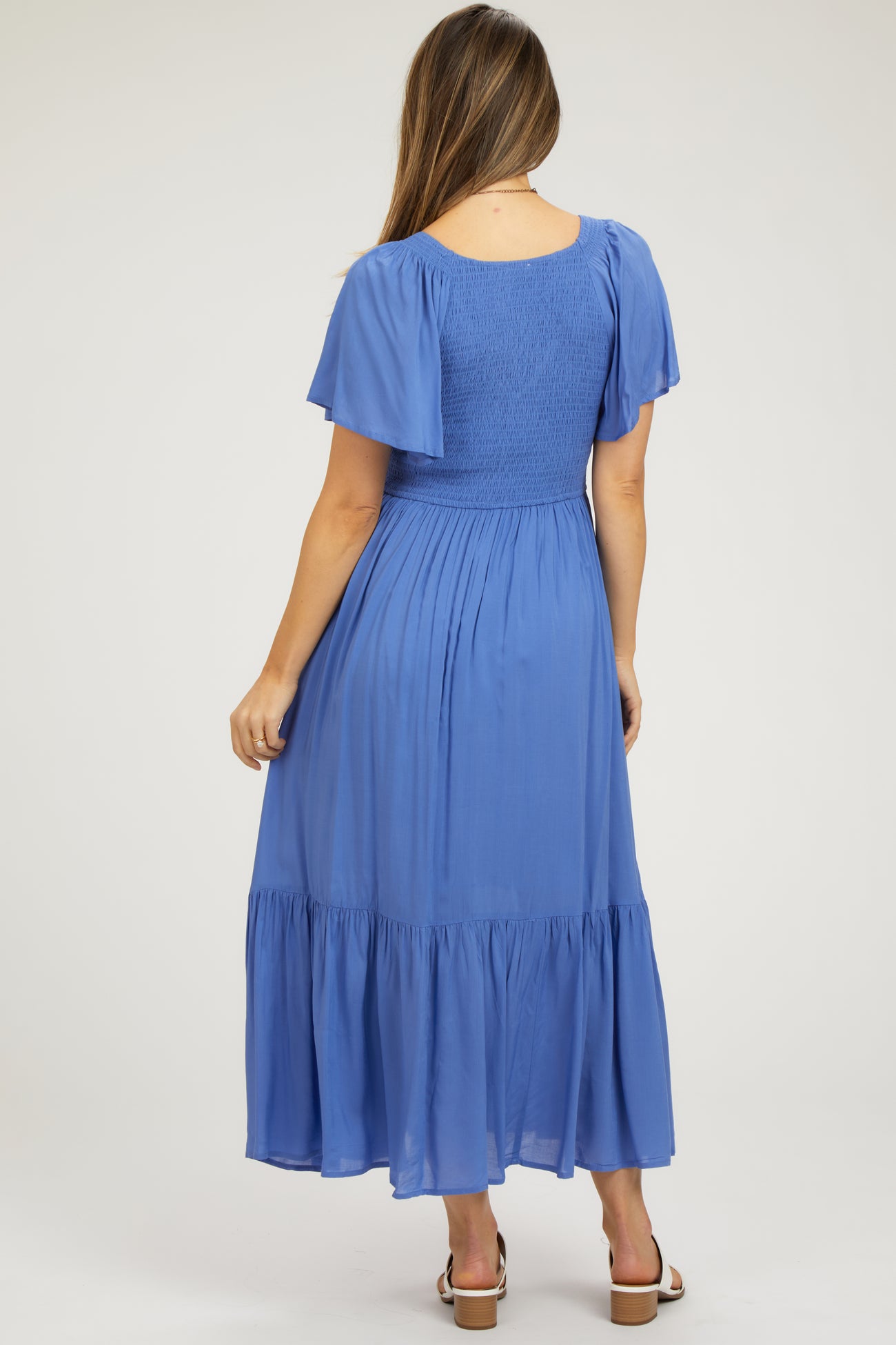 Blue Smocked Flutter Sleeve Maternity Midi Dress