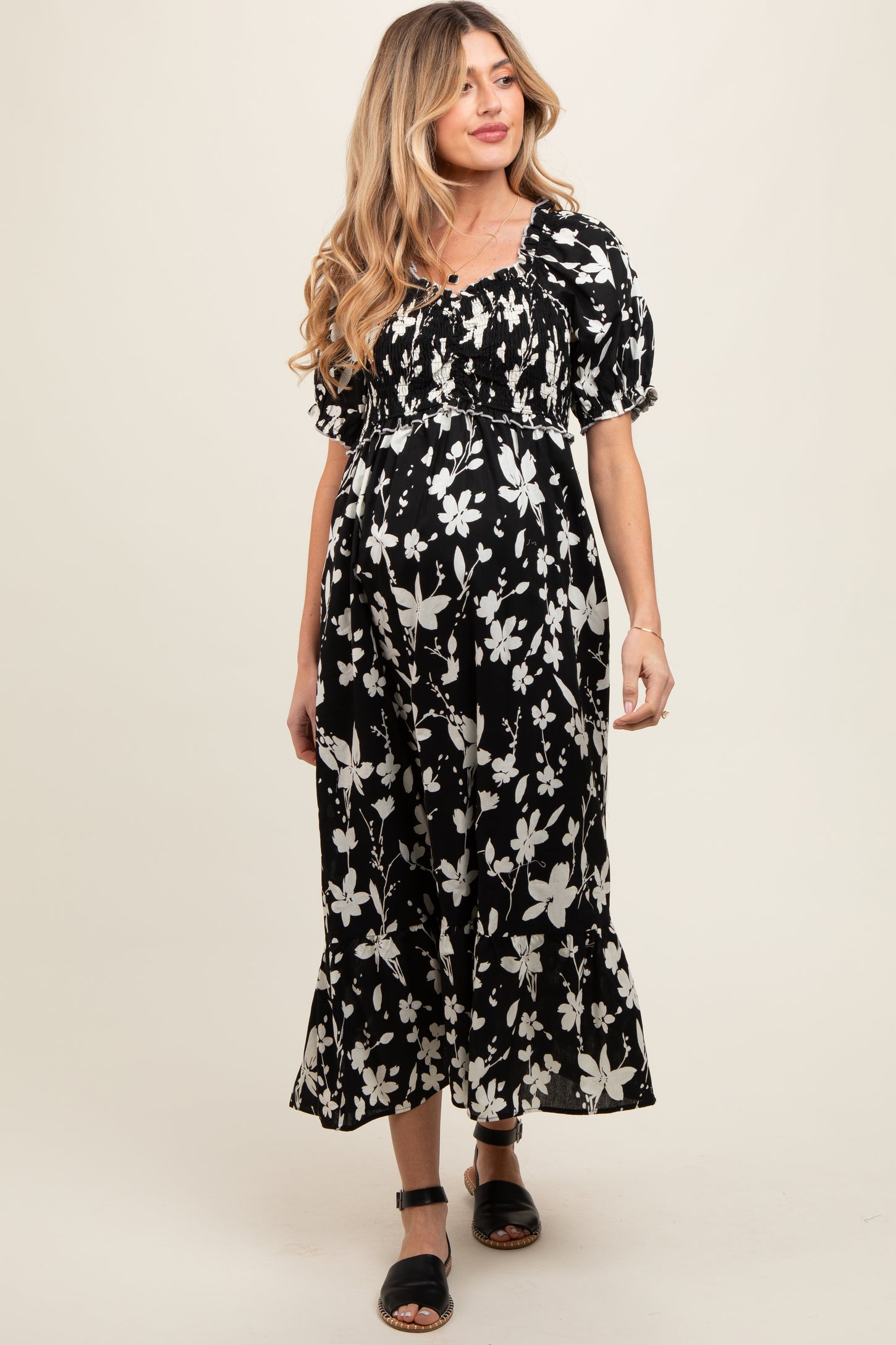 Black Floral Puff Sleeve Maternity Midi Dress