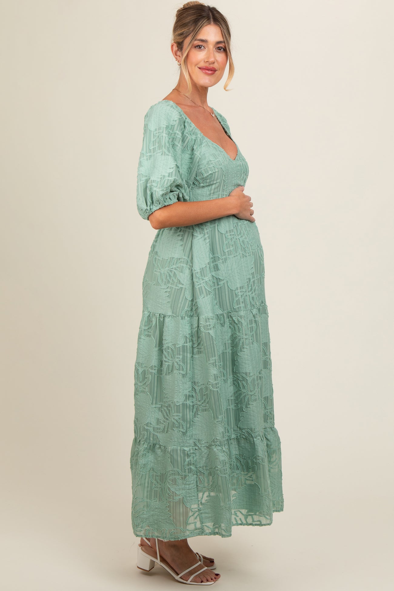 Light Olive Embroidered Leaf Print Striped Maternity Maxi Dress