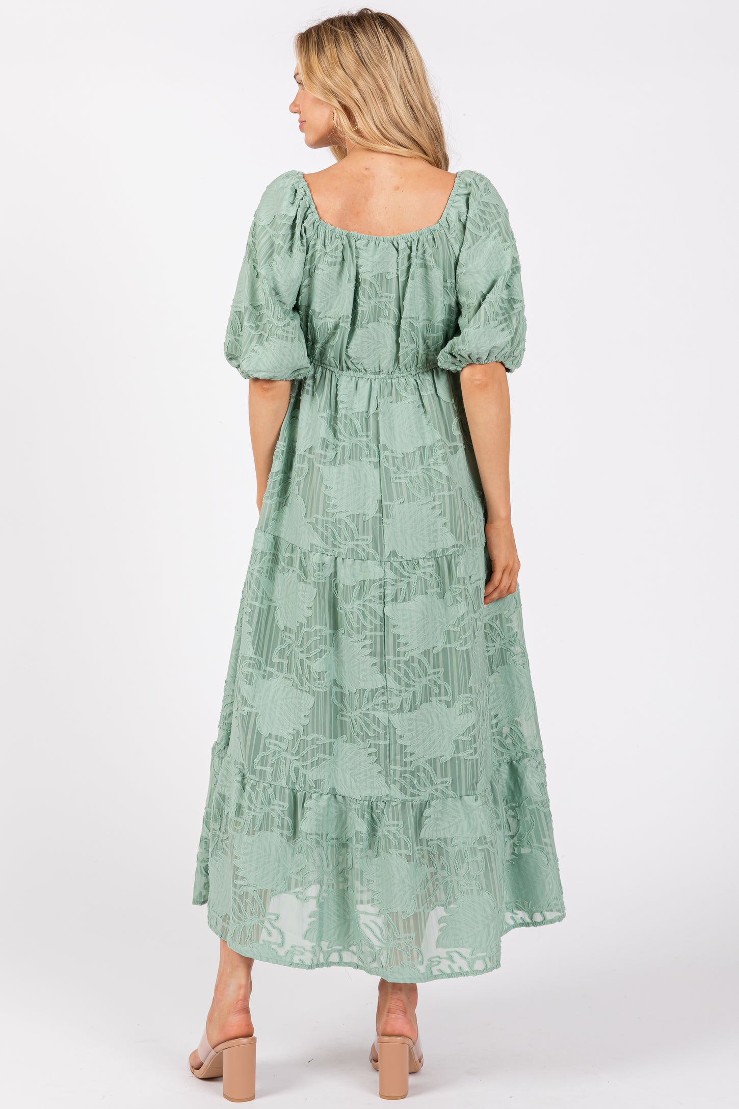 Light Olive Embroidered Leaf Print Striped Maxi Dress