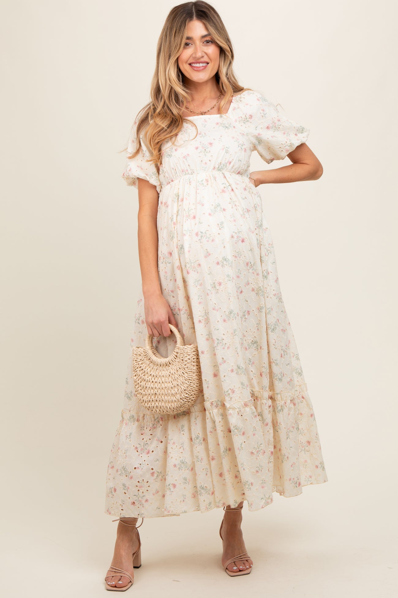 Ivory Floral Eyelet Puff Sleeve Maternity Maxi Dress