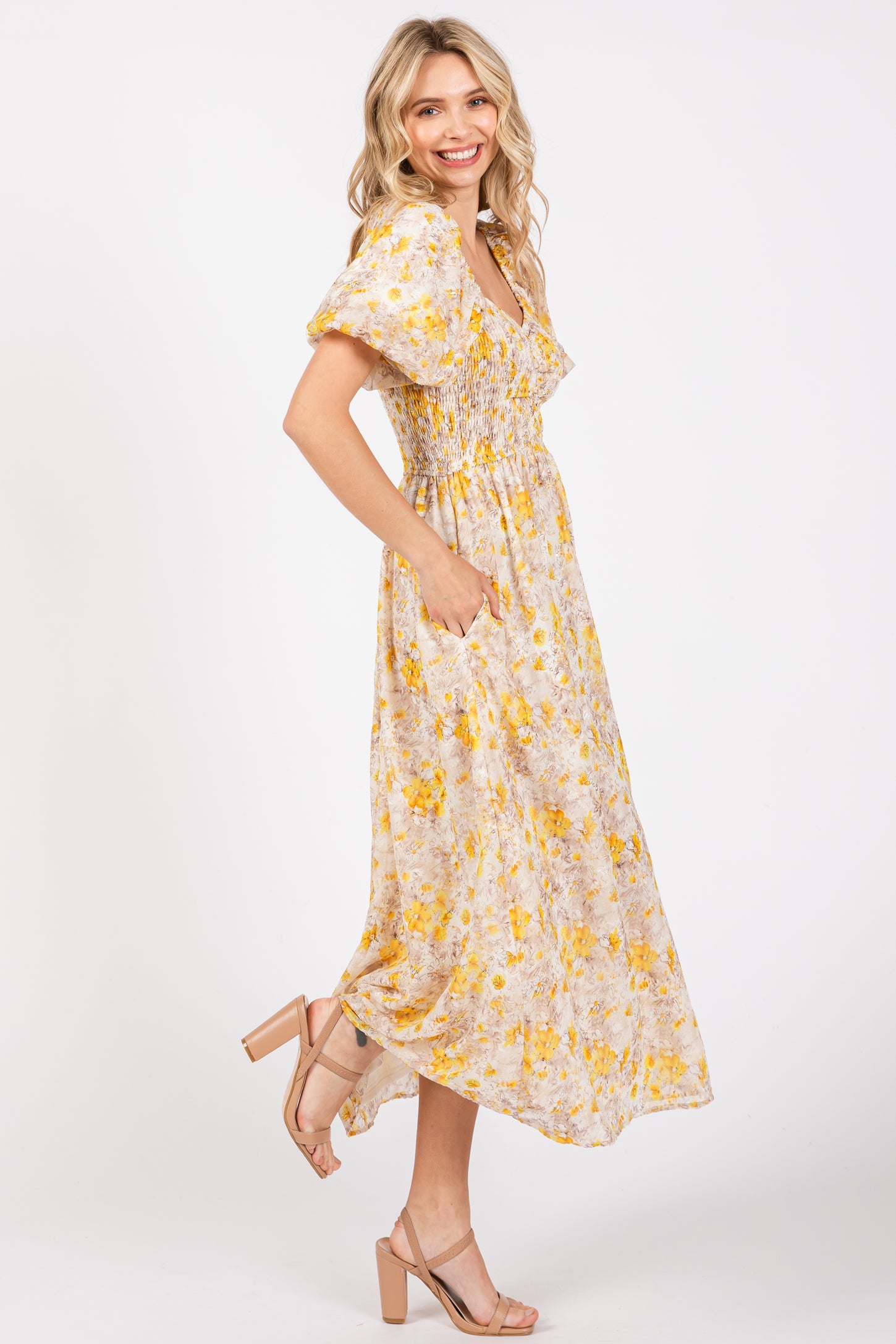 Yellow Floral Smocked Sweetheart Neck Short Puff Sleeve Midi Dress