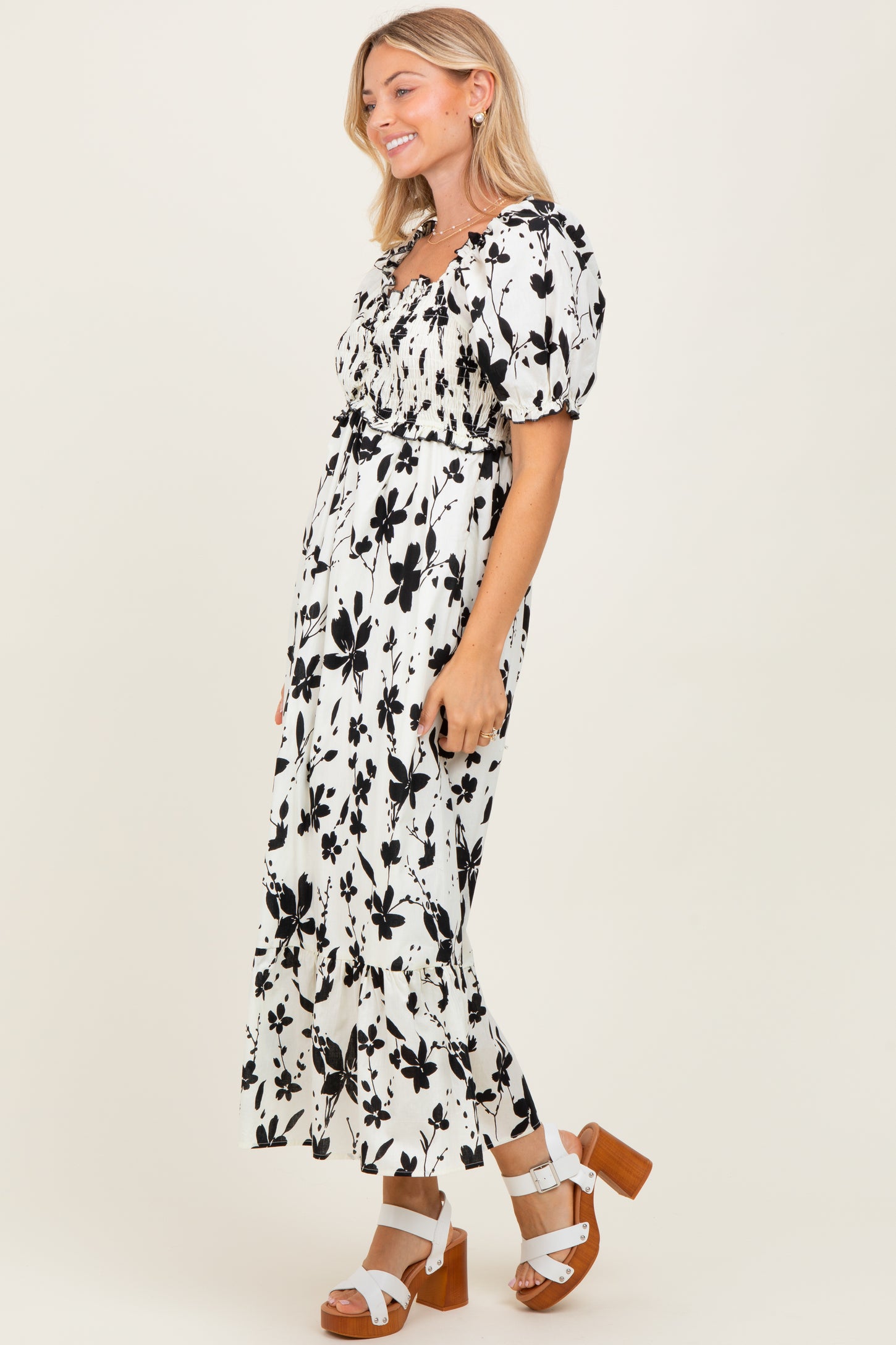 Cream Floral Puff Sleeve Midi Dress