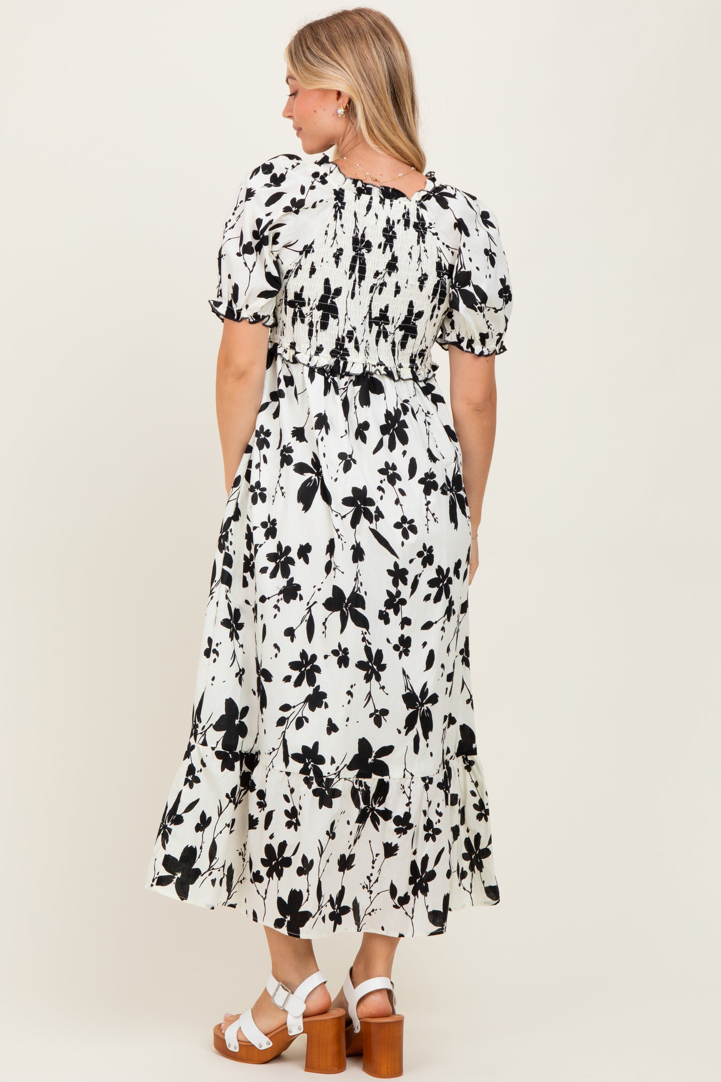 Cream Floral Puff Sleeve Midi Dress