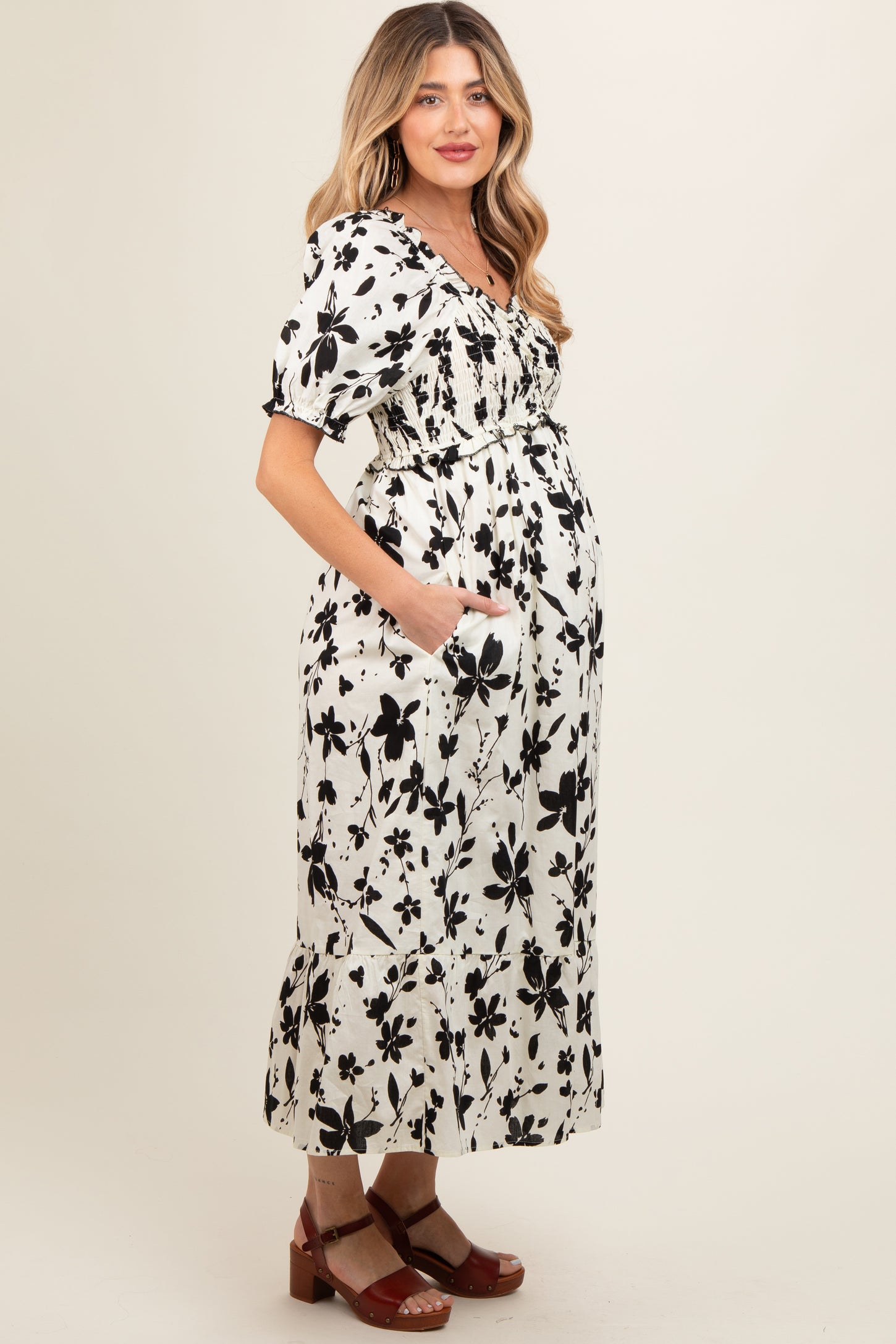 Cream Floral Puff Sleeve Maternity Midi Dress