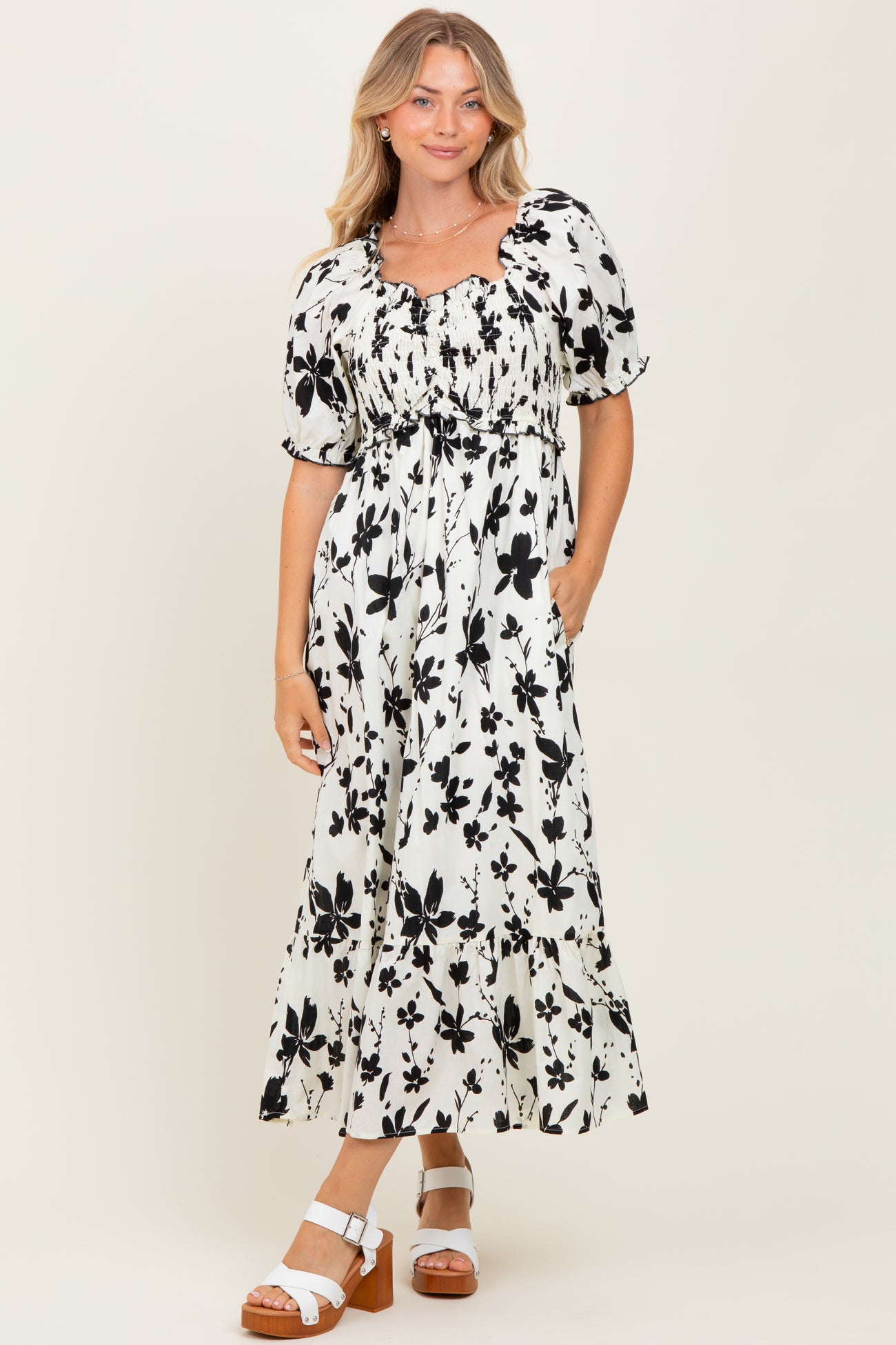 Cream Floral Puff Sleeve Maternity Midi Dress