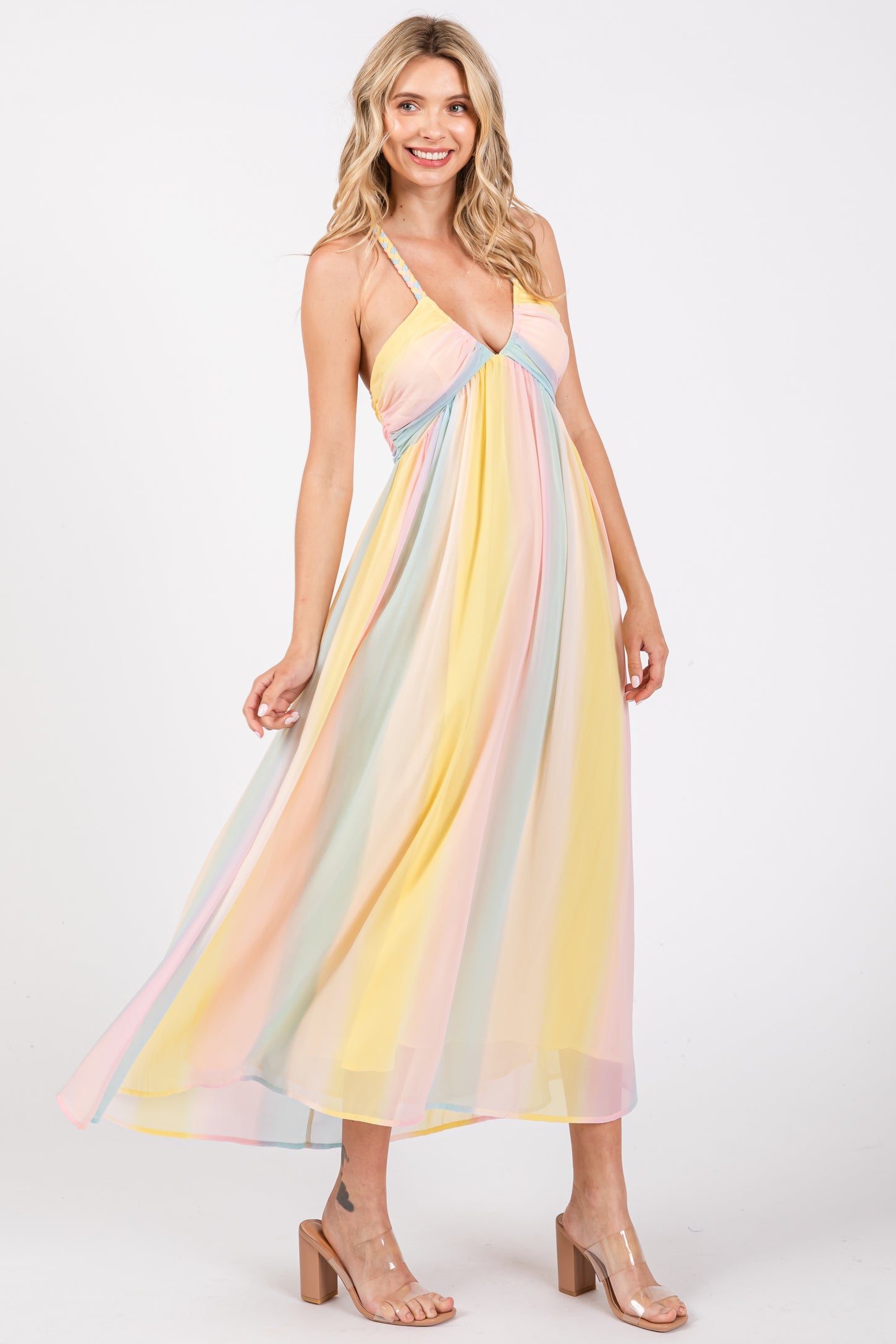 Pink Ombre Striped Braided Strap Midi Dress