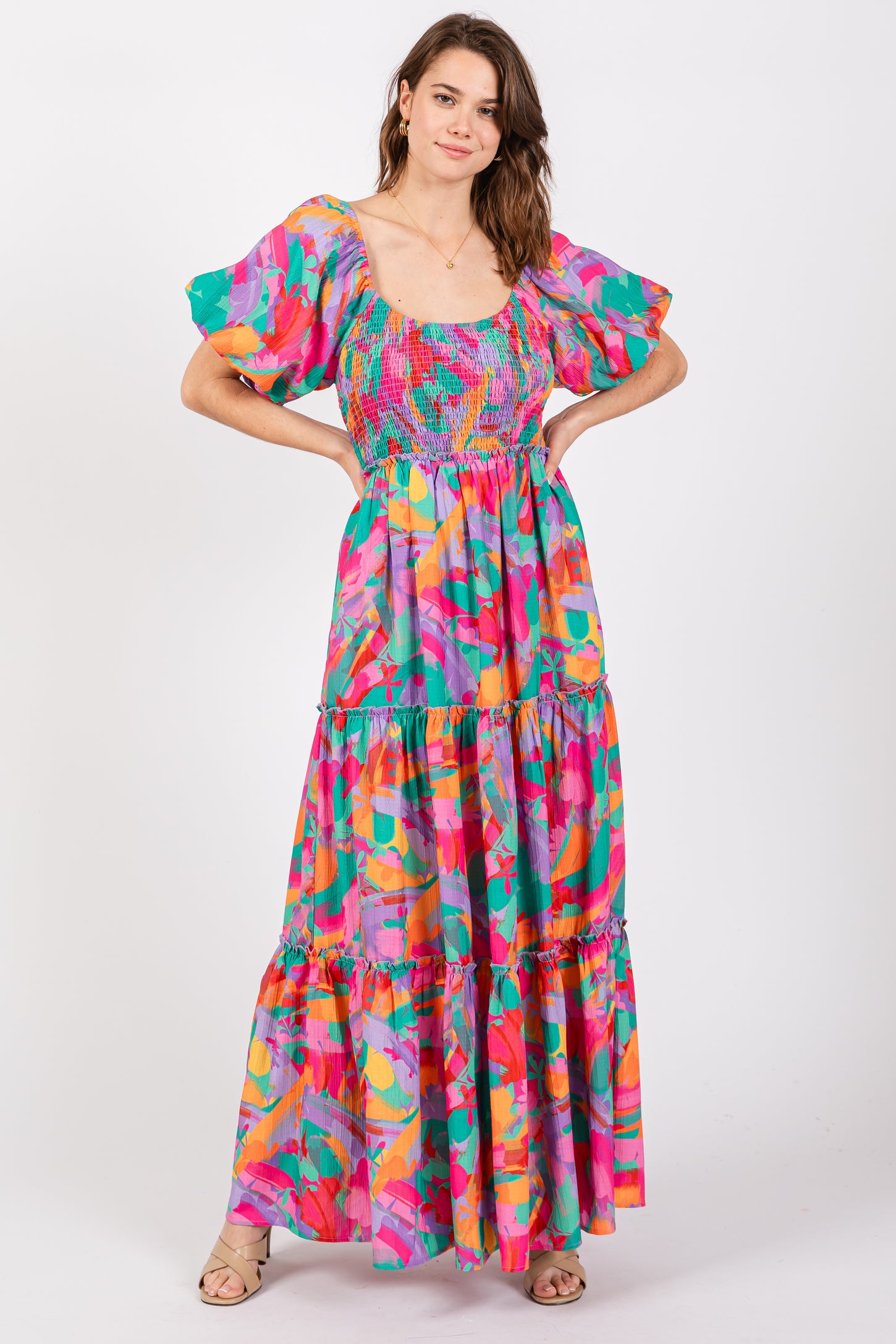 Lavender Multi Color Floral Puff Sleeve Maternity Maxi Dress
